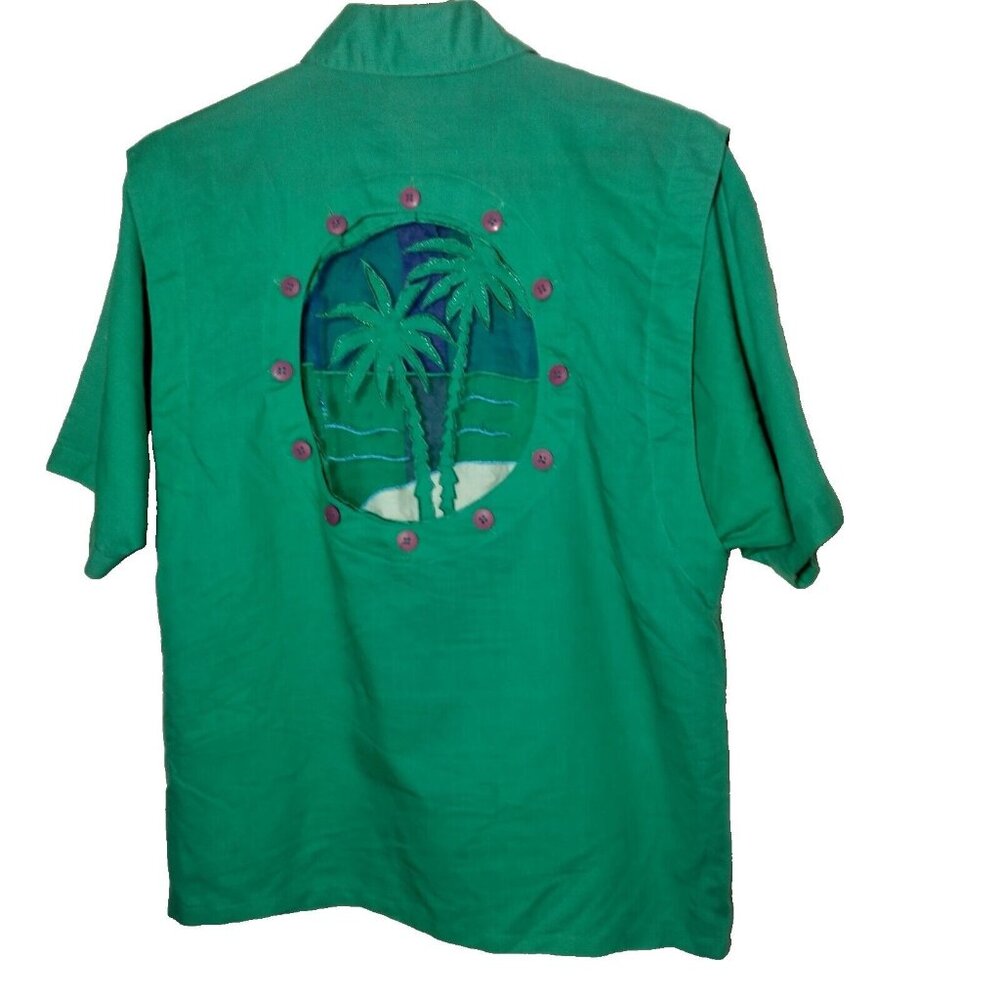 Bonnie Boerer Unlimited Blouse S Green Button Nautical Porthole Palm Tree Cruise - Picture 1 of 16